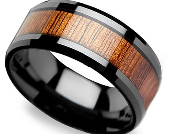 Black Tungsten Carbide Ring, Koa Wood Inlay, Hawaiian Style