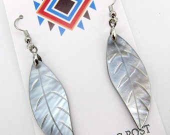 Genuine Black Lip Mother of Pearl Hawaiian Style Leaf Shaped Earrings Hand Made with Stainless Ear Wires Free Shipping