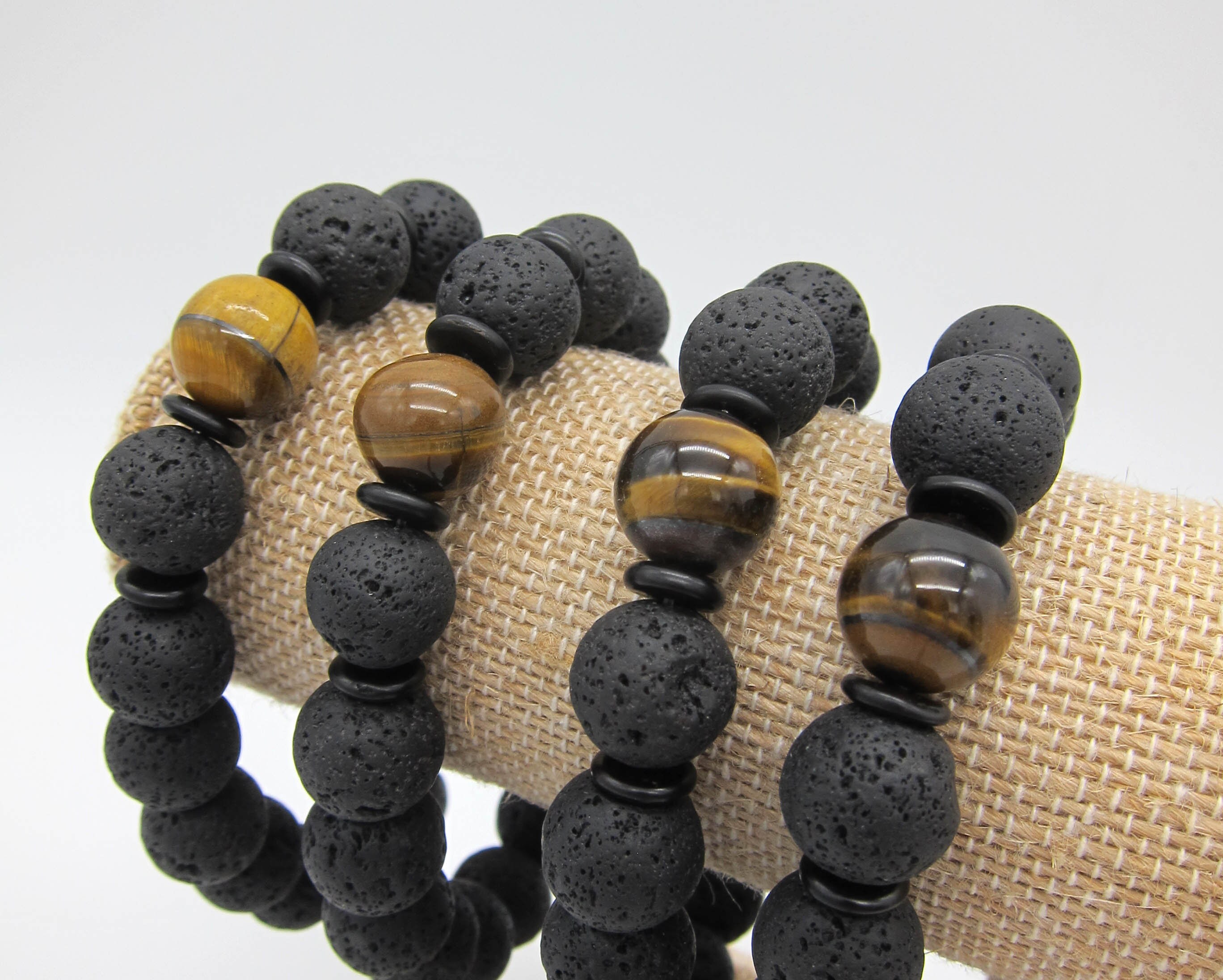 Hawaiian Style Genuine 12mm Lava Bead Bracelet with Matching Tiger Eye Bead and Coconut Disc Handmade Free Shipping