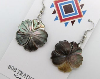 Genuine Black Lip Mother of Pearl Hawaiian Style Flower Style Earrings Hand Made with Stainless Ear Wires Free Shipping