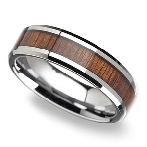 8 mm Hawaiian Style Silver Color Tungsten Carbide Ring w/ Tropical Koa Wood Inlay and Beveled Edge Design Free Shipping Hawaii Wedding Band