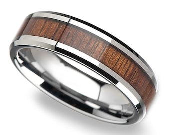 Koa Wood Inlay Tungsten Carbide Ring, Hawaiian Style Wedding Band