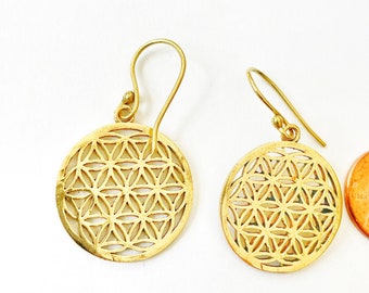 Small Round Earring, Brass Dangler, Gold Drop, Geometric & Floral, Modern, Lightweight, Gift for her, Everyday Earring,