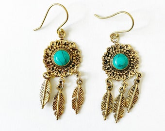 Gold Dream Catcher Earrings, Boho and Tribal Dangle, Feather Earring, Turquoise Moonstone Purple Stone Earring, Yoga Jewelry, Lightweight
