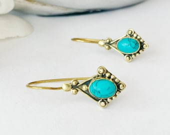 Small Earrings with Stone, Dainty Brass Drop Earrings, Turquois Earrings, Purple Stone Earrings, Handmade  Earrings, Diamond Shape Earrings