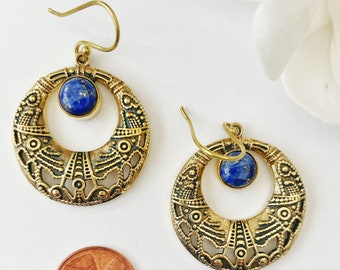 Round Brass Earrings, Stone Earrings  Lapis Lazuli Earring,  Amethyst Dangles, Boho and Tribal, Indian Handmade Earrings, Bohemian Dangles
