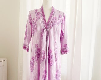 Spring Summer Dress | Comfy Cotton Midi dress with Pockets | Floral Boho Cool Purple Lilac| Hand Print Handmade | V Neck | XS Plus Size