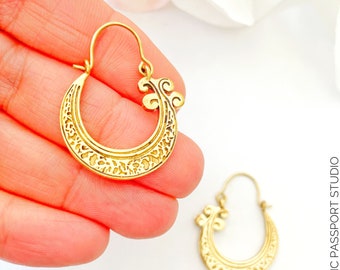 Boho Gold Brass Earrings, Crescent Moon Hoop, Gypsy & Tribal Carved Hoops, Ethnic Jewelry, Sustainable, Hypoallergenic, Indian, Gift for her