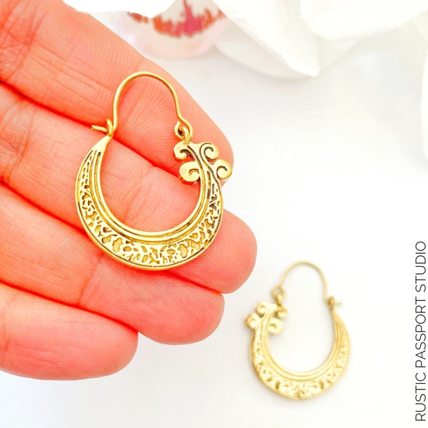 Boho Gold Brass Earrings, Crescent Moon Hoop, Gypsy & Tribal Carved Hoops, Ethnic Jewelry, Sustainable, Hypoallergenic, Indian, Gift for her