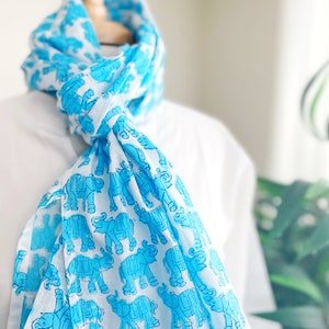 Aqua Blue Elephant, Spring Summer Scarves, Cotton Neck Wrap, Hand block Printed, Eco Friendly Dye, Lightweight Neckerchief, Gift for Her