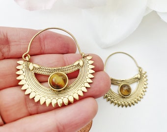 Boho Earrings, Brass Earrings with Stone, White Moon stone Hoop, Brown Tiger Eye Earrings, Black Onyx Handmade Indian Hoops, Gift for Her,