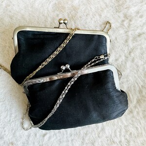 Black Silk Clutch, Evening Bag, Party Purse, Wedding & Bridesmaid Clutch, Kiss lock, Shoulder and Crossbody Chain Strap, Gift for Her