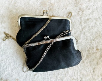 Black Silk Clutch, Evening Bag, Party Purse, Wedding & Bridesmaid Clutch, Kiss lock, Shoulder and Crossbody Chain Strap, Gift for Her