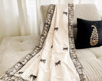 Cotton Throw | Hand Block Printed | Bull | Black & Beige with tassels