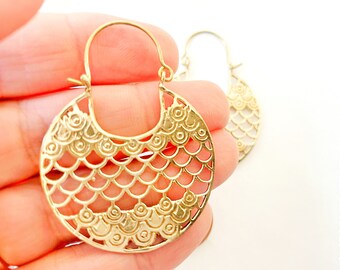 Brass Filigree Earrings, Golden Lace Hoops, Round Boho Tribal & Gypsy Style, Thin Lightweight, Handmade, Sustainable Jewelry