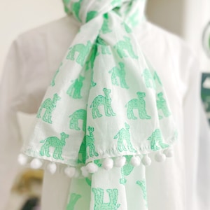 Green Camel Scarf, Spring Summer Scarves, Cotton Neck Wrap, Hand block Printed, Eco Friendly Dye, White Lightweight Neckerchief, Unique Gift