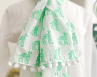 Green Camel Scarf, Spring Summer Scarves, Cotton Neck Wrap, Hand block Printed, Eco Friendly Dye, White Lightweight Neckerchief, Unique Gift