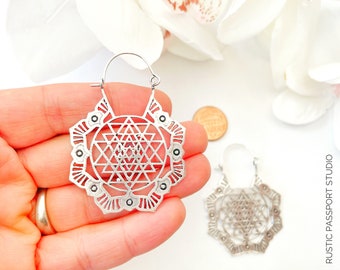 Sri Yantra Silver Brass Earrings, Sacred Geometry Hoops, Cosmic Lightweight Mandala Jewelry, Talisman, Yoga Shri Chakra Earring, Meditation