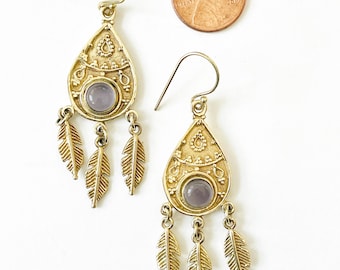 Teardrop Dream Catcher Earrings, Gold Brass Dangle, Boho and Tribal style, Light weight Feather Earrings, Turquoise Purple White Stone, Gift