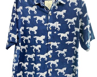 Men's Half Sleeves Cotton Shirt | Indigo Horse | One Pocket | Unisex Eco-Friendly | Natural Dyes Mud Resist Hand-Block Printed Shirt |