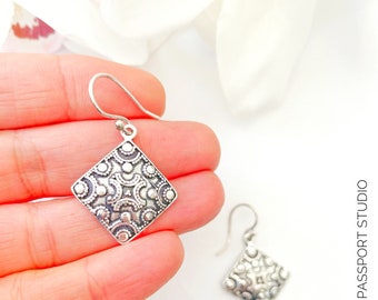 Silver Earrings, Brass danglers, Small & Lightweight, Dainty Drop Earrings, Style - Tribal Boho Gypsy, Gift for Her, Yoga Jewelry, Square