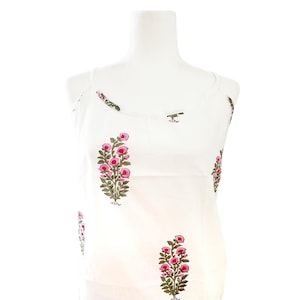 Cotton Spaghetti, Adjustable Tunic, White & Pink Floral Summer Top, Jaipuri Hand Block Printed, Natural Vegetable Dyes, Boho Tribal Ethnic