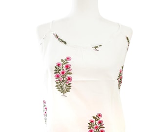 Cotton Spaghetti, Adjustable Tunic, White & Pink Floral Summer Top, Jaipuri Hand Block Printed, Natural Vegetable Dyes, Boho Tribal Ethnic