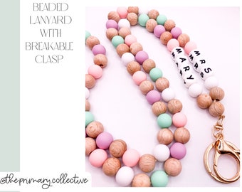 Personalised pastel / wood boho lanyard with breakable clasp / teacher gift / librarian gift /