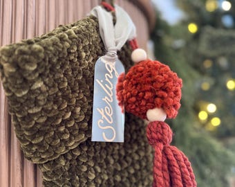 Personalized Stocking Name Tag | Custom Mirror Ornament with Gold Script & Green Ribbon | Christmas Stocking Tag | Holiday Name Decor