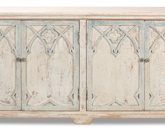 Pine Wood, Antiqued Blue Washed Finish White Sideboard-78''W