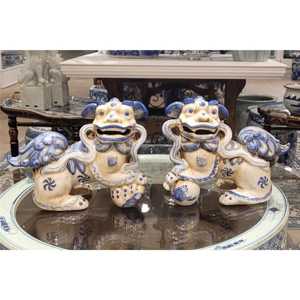 Set of Two Hand Painted Porcelain Luck Foo Dogs Figurines-6.5''H