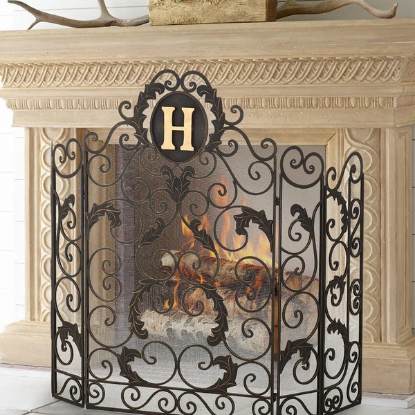 Burnished Gold Custom Made Monogrammed Five Panel Fire Screen-Any Letter-A to Z