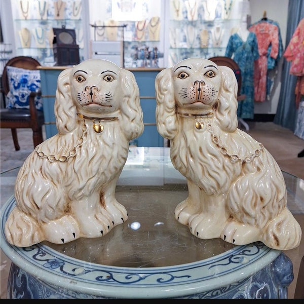 Staffordshire Reproduction Porcelain Dogs Pair with Chains Figurines-9''H