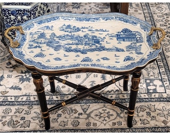 Blue & White Chinoiserie Porcelain Tray with Wood Stand and Bronze Ormolu Accent