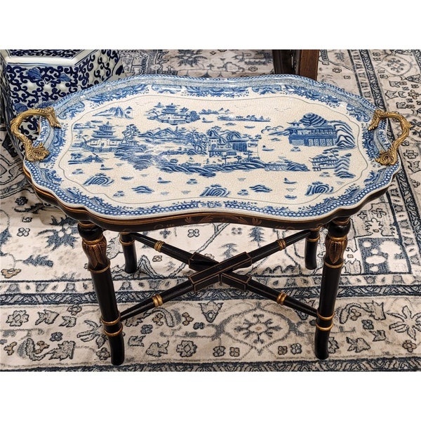 Blue & White Chinoiserie Porcelain Tray with Wood Stand and Bronze Ormolu Accent