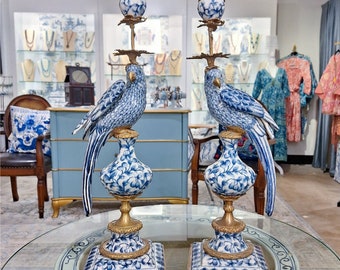 Porcelain Pair of Parrots with Bronze Ormolu,Candlesticks,Candle Holders 19"H