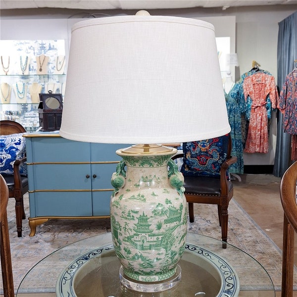 Porcelain Green and White Chinoiserie Table Lamp with Acrylic Base-30''H