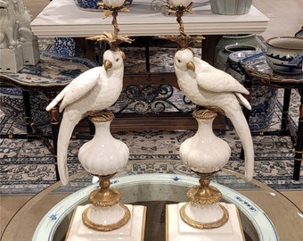 Pair of Beautiful Porcelain Parrots with Bronze Ormolu- White Crackle Candle Holders/Candlesticks-19''H