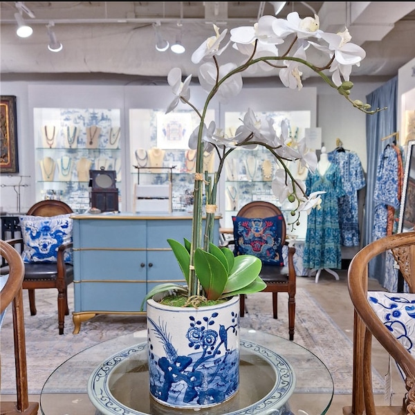 Porcelain Round Bucket/Planter - Classic Blue And White