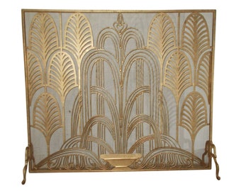 Italian Gold Art Deco Single Panel Design Fireplace Screen with Mesh Backing