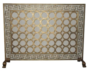 Light Burnished Gold Greek Key Design Fireplace Screen