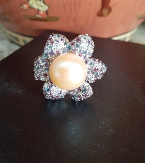 Vintage Honora Pearl Gemstones Flower Sterling Sil