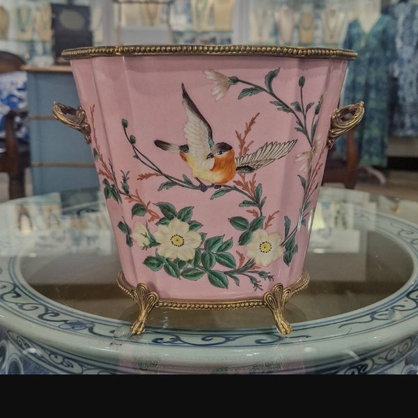 Porcelain with Bronze Ormolu Pink Bird Motif Planter