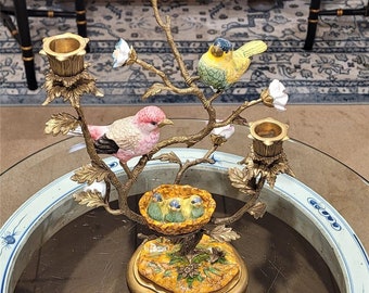 Porcelain Candle Holder Stand With Multi Birds And Bronze