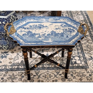 Porcelain Blue Willow Tray Table with Wood Stand and Bronze Ormolu Accent 22''H