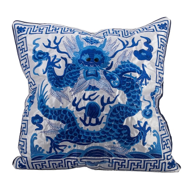 20" X 20" Embroidery Pillow with Insert - Blue and White Dragon