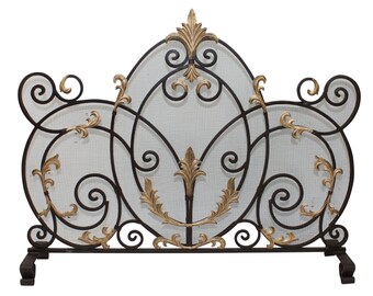 Dark Brown Single Panel Fire Screen with Antique Gold Acanthus Leaf Accents and Mesh Backing