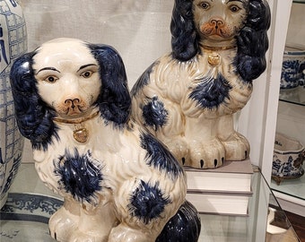 Staffordshire  Reproduction Large  Pair Porcelain  Blue & White Dogs Figurines-11.5"H