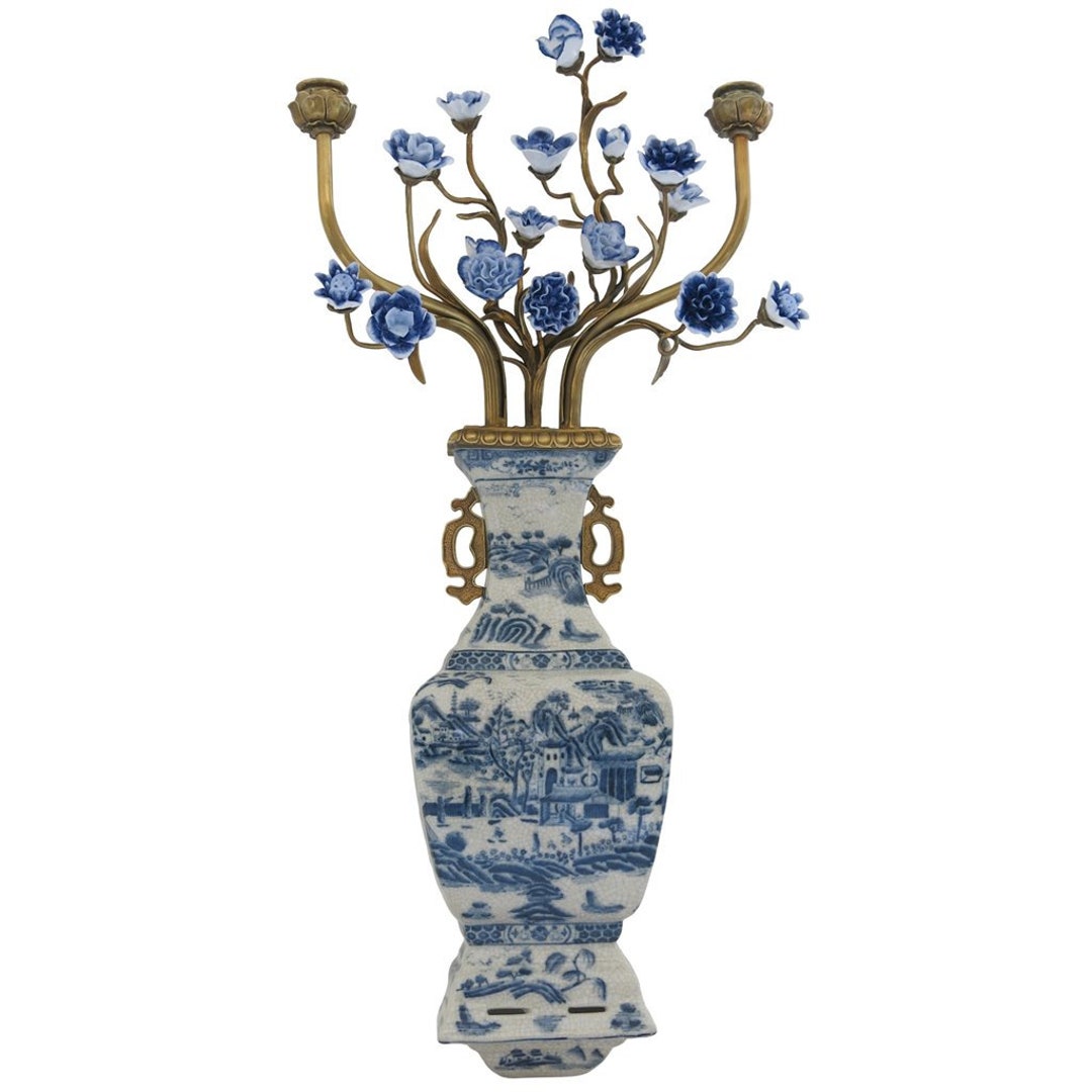 Porcelain Wall Hanging Vase/sconce With Candle Holder Cups Blue Willow
