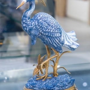 Porcelain Blue Egret Bird Figurine with Bronze Ormolu-12''H